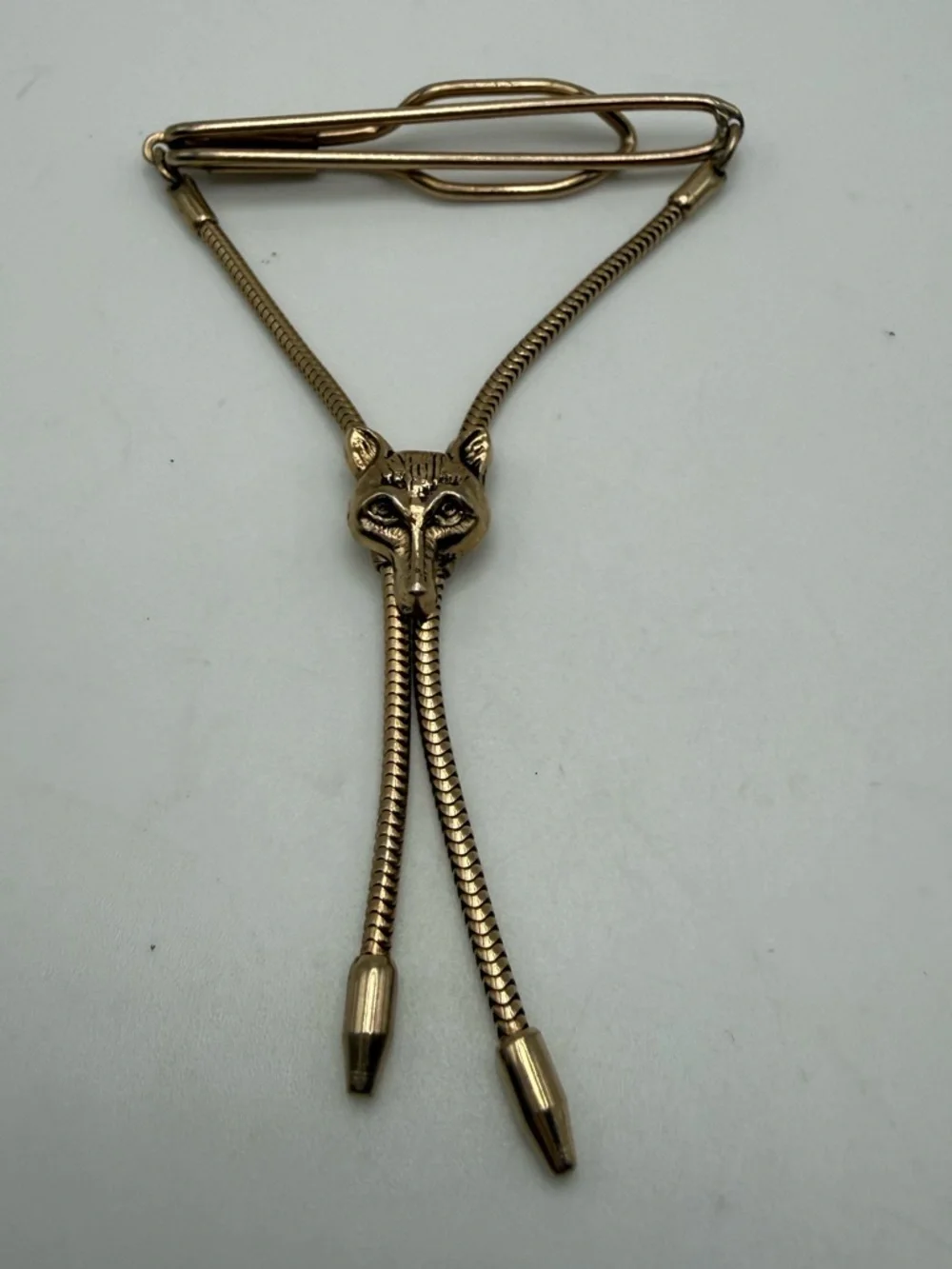 Vintage Fox Head Tie Clip Chain Gold Tone Figural Animal Mens